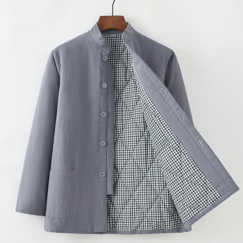 Nimara Ritual Winter Men's Frog-Button Tang Suit Linen Cotton Fleece Lined Jacket Shirt With Pockets