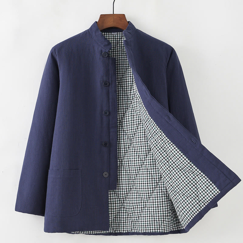 Nimara Ritual Winter Men's Frog-Button Tang Suit Linen Cotton Fleece Lined Jacket Shirt With Pockets