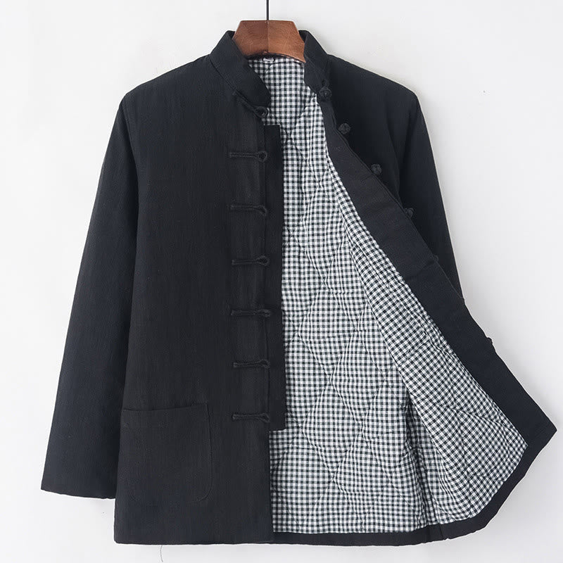 Nimara Ritual Winter Men's Frog-Button Tang Suit Linen Cotton Fleece Lined Jacket Shirt With Pockets
