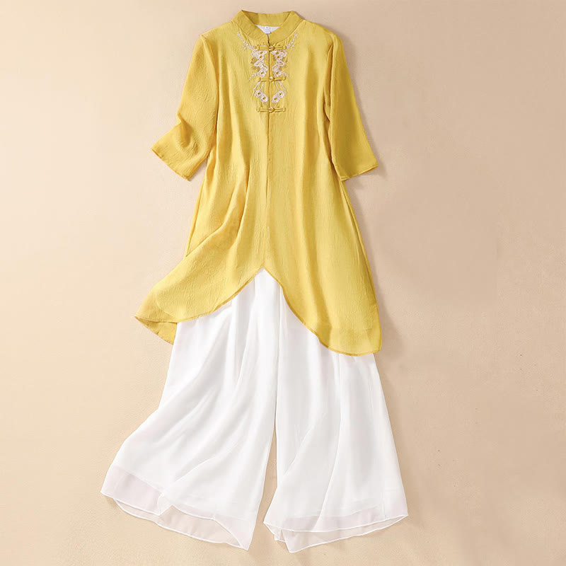 Nimara Ritual Women's Flower Embroidery Frog-Button Shirt Dress Wide Leg Pants