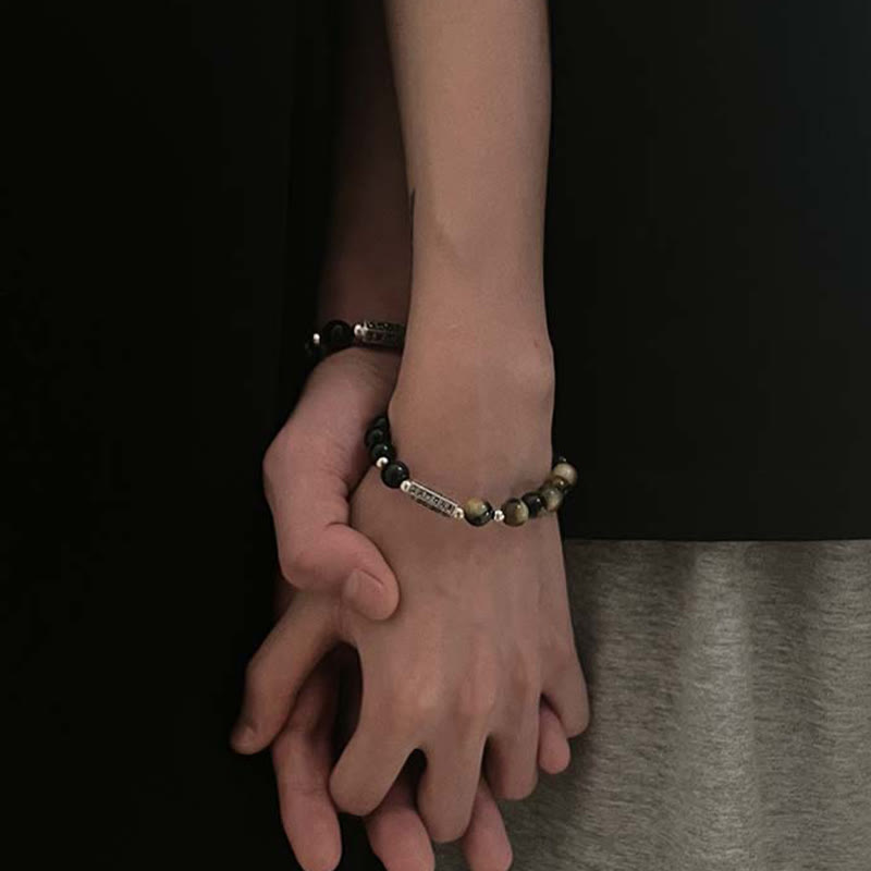 Nimara Ritual Natural Black Obsidian Tiger's Eye Six True Words 'om Mani Padme Hum' Strength Love Bracelet