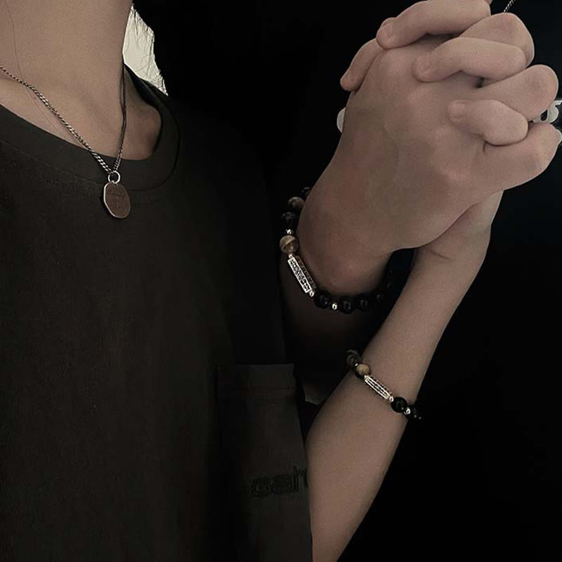 Nimara Ritual Natural Black Obsidian Tiger's Eye Six True Words 'om Mani Padme Hum' Strength Love Bracelet