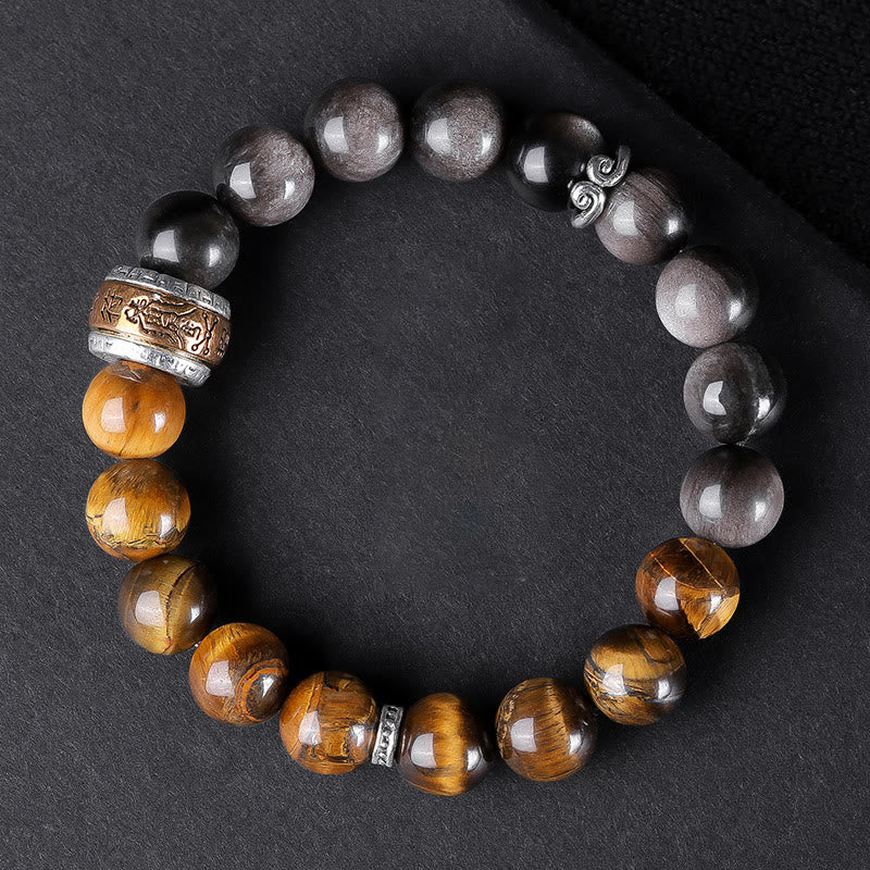 Nimara Ritual Natural Silver Sheen Obsidian Tiger's Eye Six True Words 'Om Mani Padme Hum' Strength Bracelet