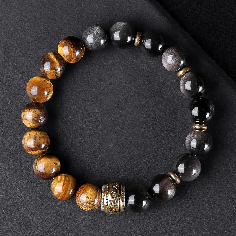 Nimara Ritual Natural Silver Sheen Obsidian Tiger's Eye Six True Words 'Om Mani Padme Hum' Strength Bracelet