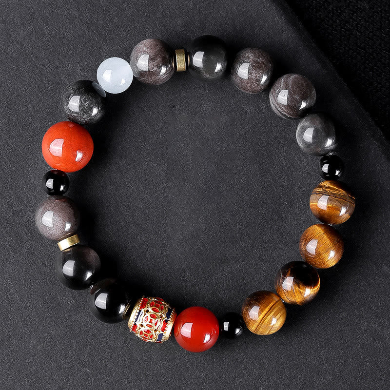 Nimara Ritual Natural Silver Sheen Obsidian Tiger's Eye Six True Words 'Om Mani Padme Hum' Strength Bracelet
