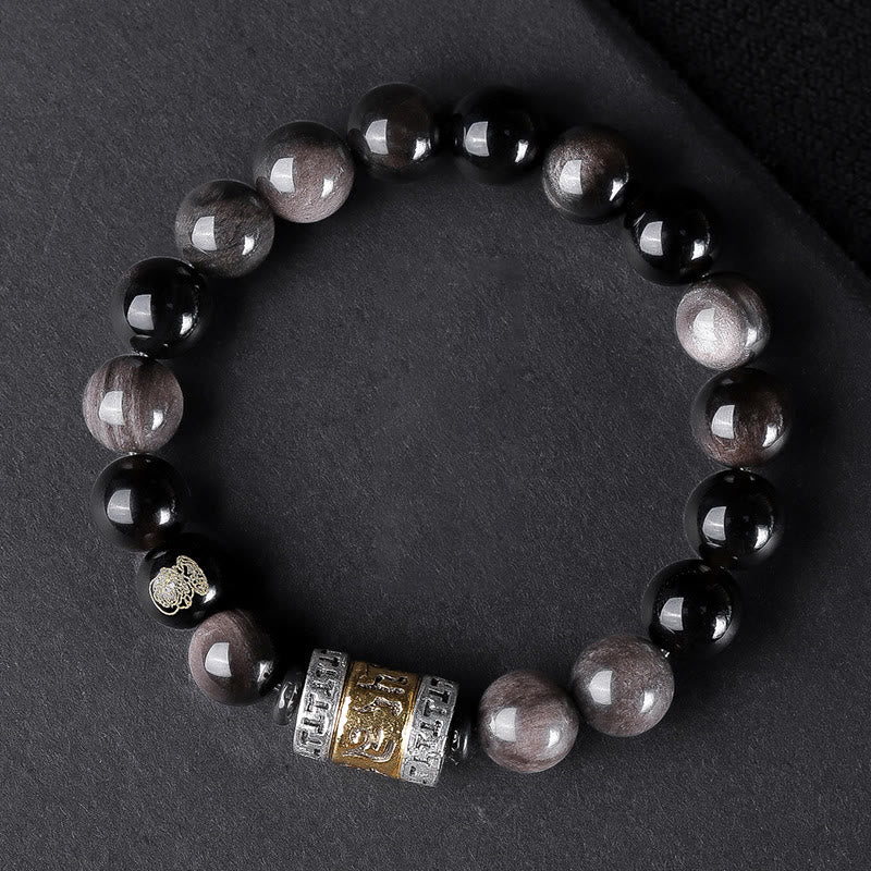 Nimara Ritual Natural Silver Sheen Obsidian Tiger's Eye Six True Words 'Om Mani Padme Hum' Strength Bracelet