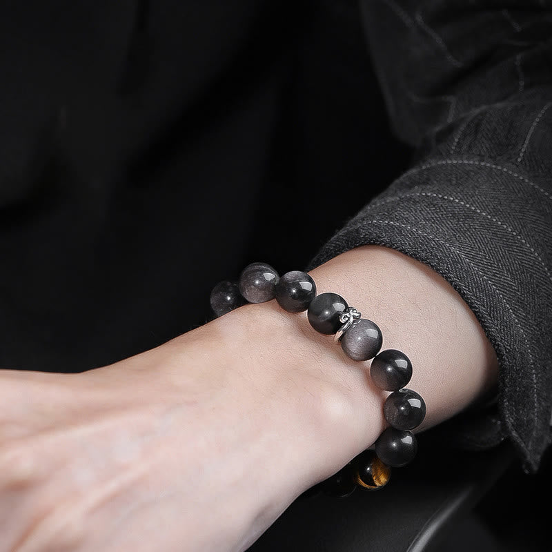 Nimara Ritual Natural Silver Sheen Obsidian Tiger's Eye Six True Words 'Om Mani Padme Hum' Strength Bracelet