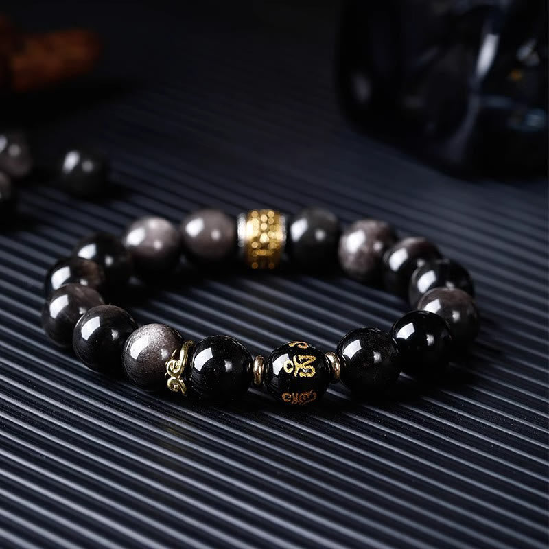 Nimara Ritual Natural Silver Sheen Obsidian Tiger's Eye Six True Words 'Om Mani Padme Hum' Strength Bracelet