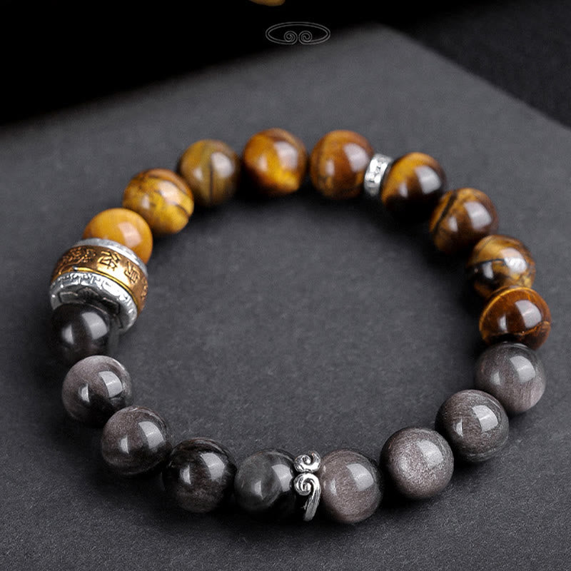 Nimara Ritual Natural Silver Sheen Obsidian Tiger's Eye Six True Words 'Om Mani Padme Hum' Strength Bracelet