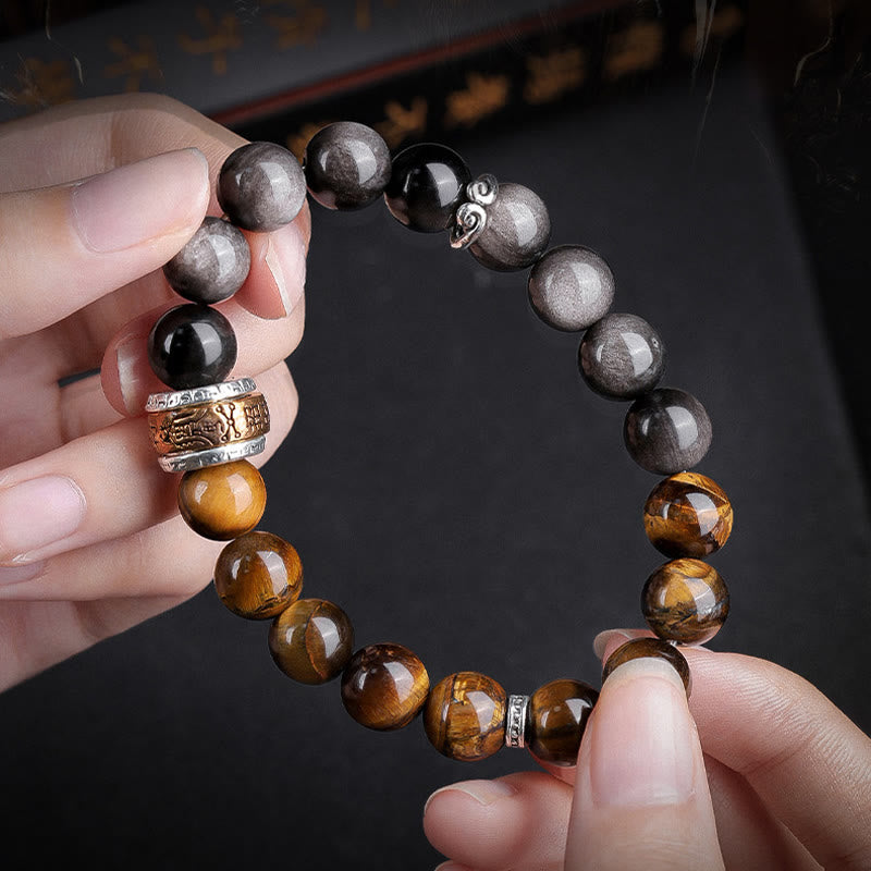 Nimara Ritual Natural Silver Sheen Obsidian Tiger's Eye Six True Words 'Om Mani Padme Hum' Strength Bracelet