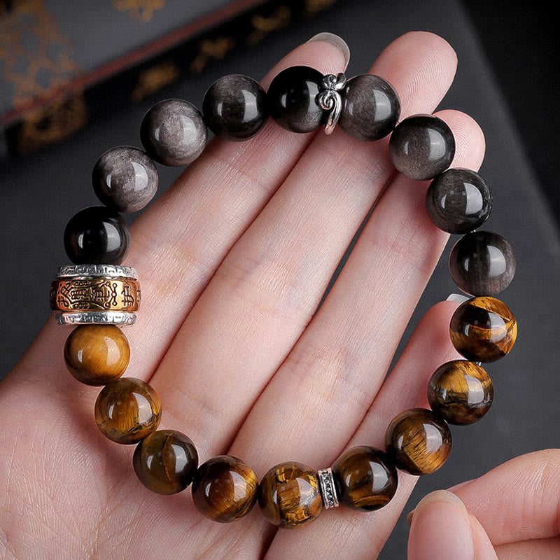 Nimara Ritual Natural Silver Sheen Obsidian Tiger's Eye Six True Words 'Om Mani Padme Hum' Strength Bracelet