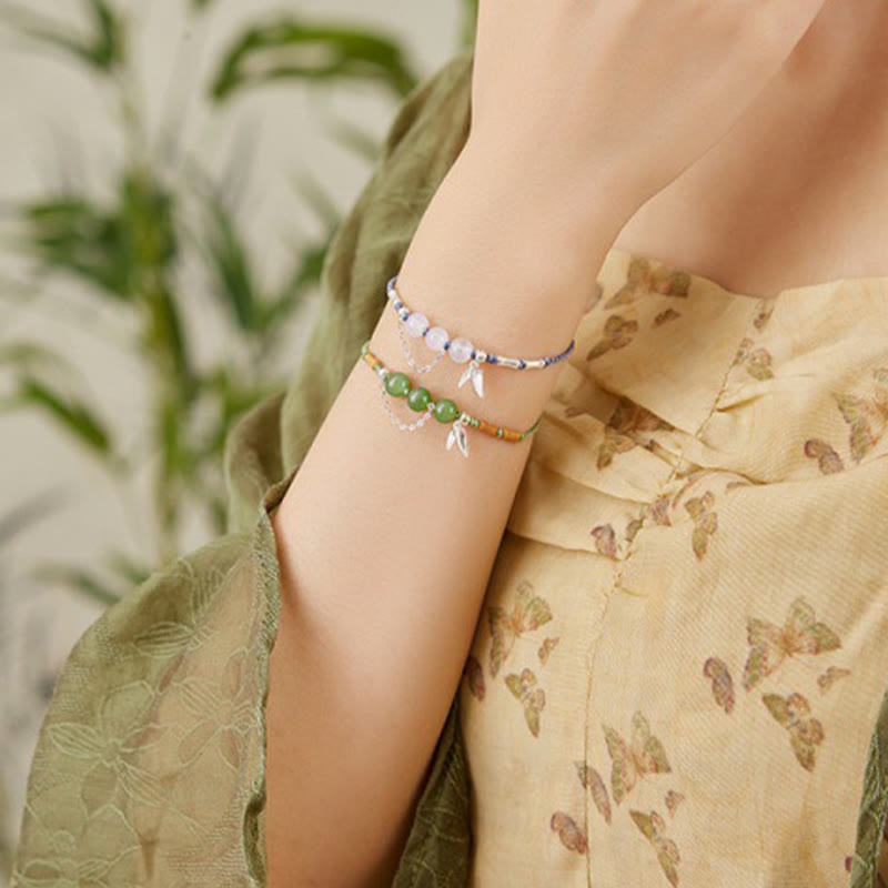 Nimara Ritual 925 Sterling Silver Bamboo Leaves Hetian Jade Chalcedony Beads Blessing Braided Bracelet