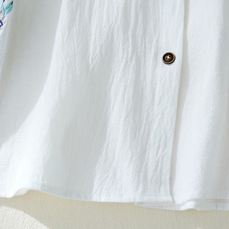 Nimara Ritual Geometry Embroidery Long Sleeve Button Cotton Linen Women's Shirts