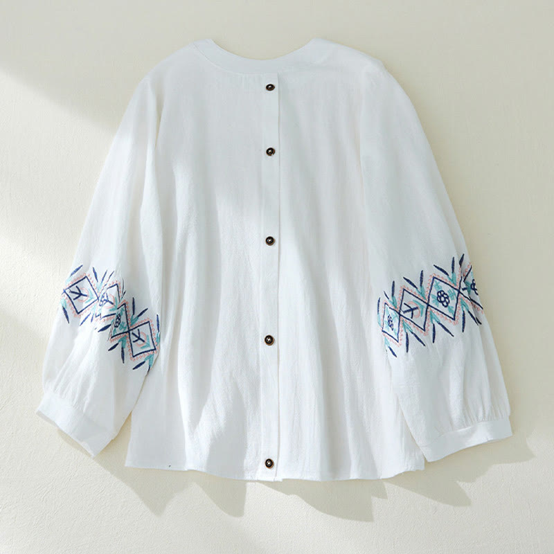 Nimara Ritual Geometry Embroidery Long Sleeve Button Cotton Linen Women's Shirts