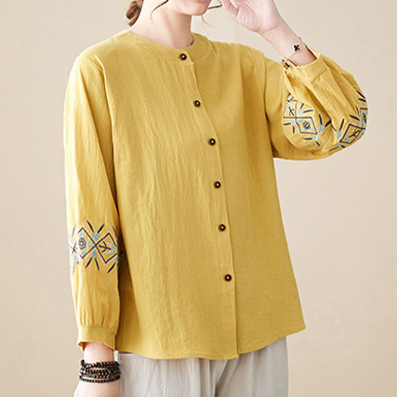 Nimara Ritual Geometry Embroidery Long Sleeve Button Cotton Linen Women's Shirts