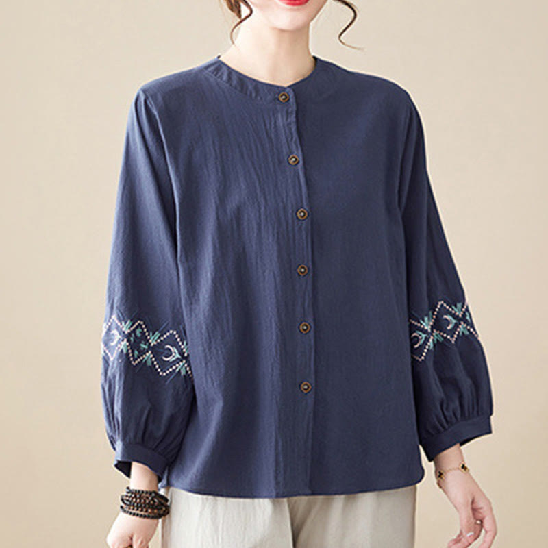 Nimara Ritual Geometry Embroidery Long Sleeve Button Cotton Linen Women's Shirts