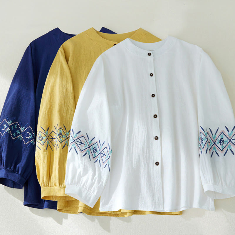 Nimara Ritual Geometry Embroidery Long Sleeve Button Cotton Linen Women's Shirts