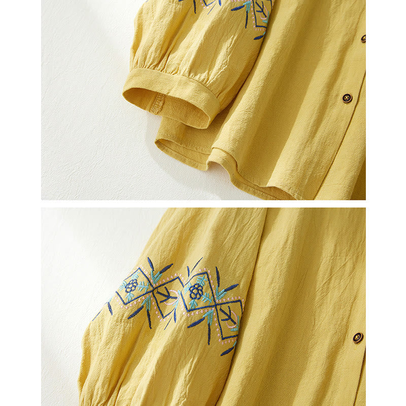 Nimara Ritual Geometry Embroidery Long Sleeve Button Cotton Linen Women's Shirts