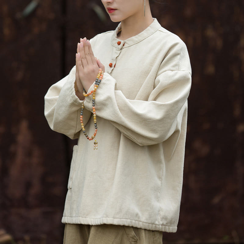 Nimara Ritual Retro Solid Color Thermal Long Sleeve Ramie Linen Women's Shirt