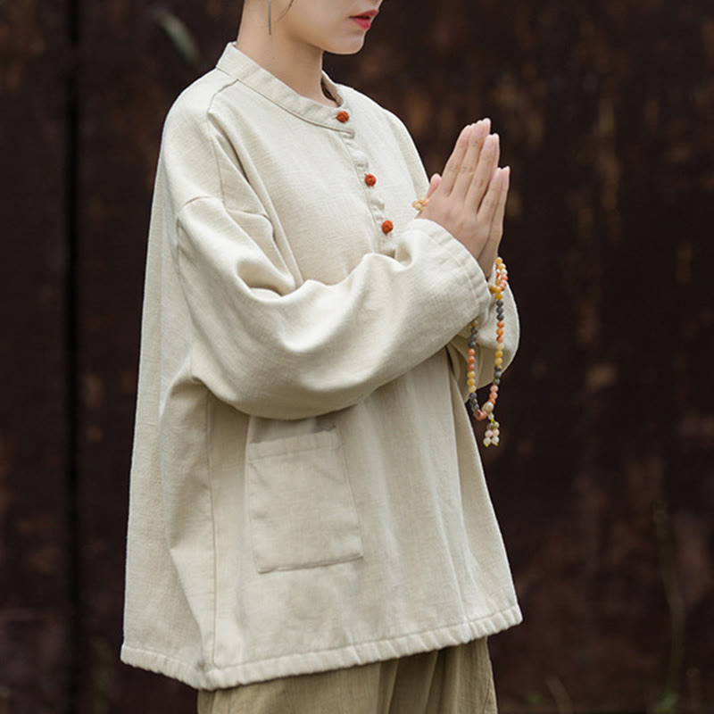 Nimara Ritual Retro Solid Color Thermal Long Sleeve Ramie Linen Women's Shirt