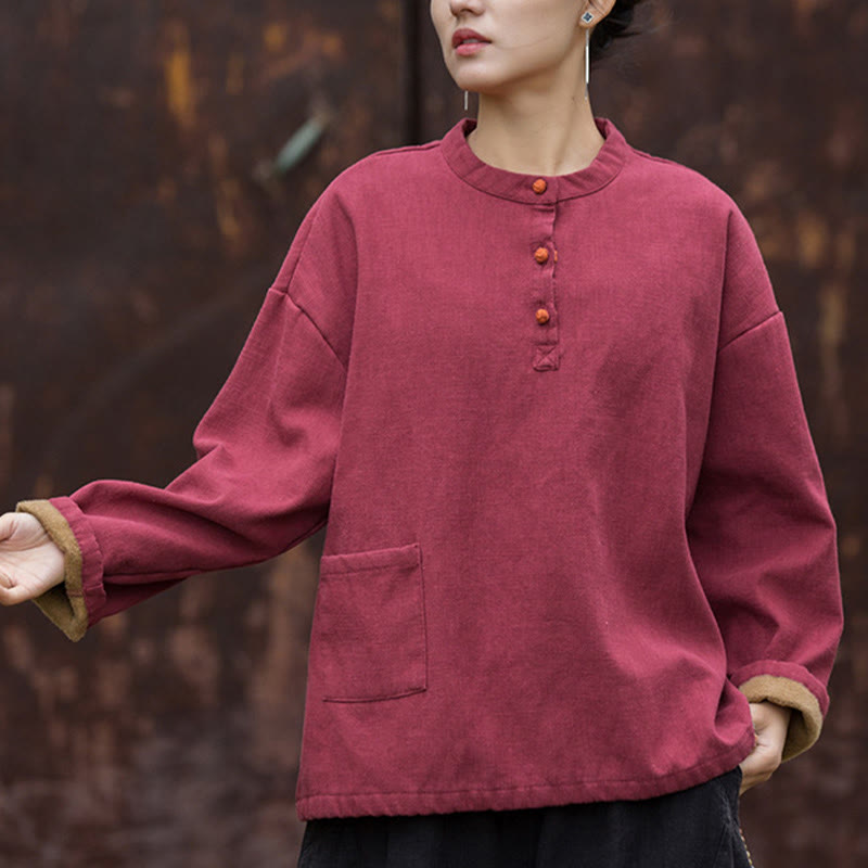 Nimara Ritual Retro Solid Color Thermal Long Sleeve Ramie Linen Women's Shirt