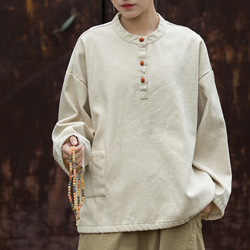 Nimara Ritual Retro Solid Color Thermal Long Sleeve Ramie Linen Women's Shirt