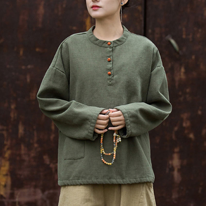 Nimara Ritual Retro Solid Color Thermal Long Sleeve Ramie Linen Women's Shirt