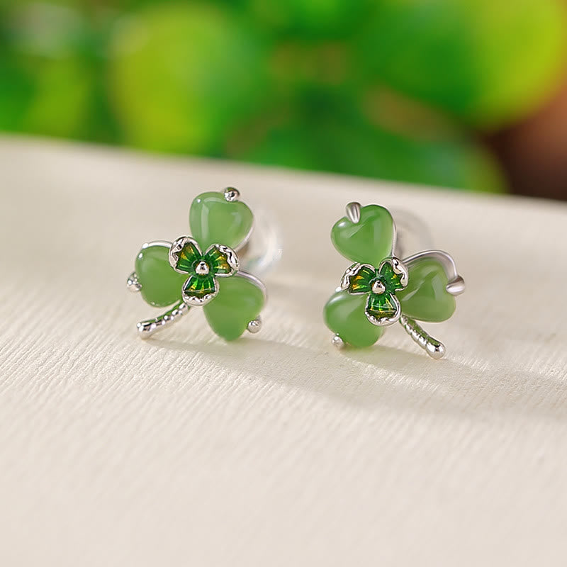 Nimara Ritual 925 Sterling Silver Enamel Hetian Jade Shamrock Luck Earrings