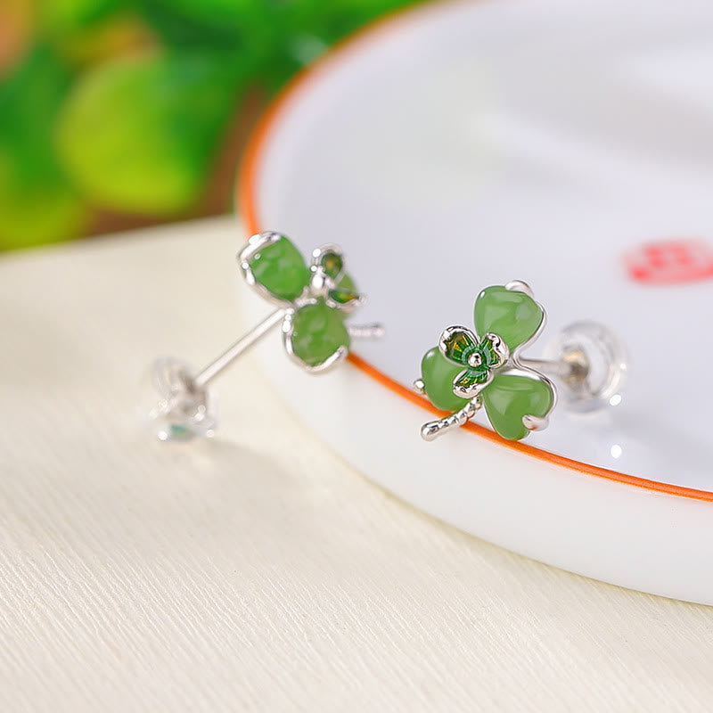 Nimara Ritual 925 Sterling Silver Enamel Hetian Jade Shamrock Luck Earrings