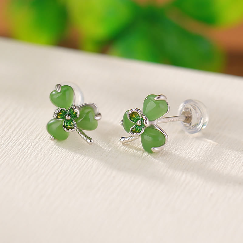 Nimara Ritual 925 Sterling Silver Enamel Hetian Jade Shamrock Luck Earrings