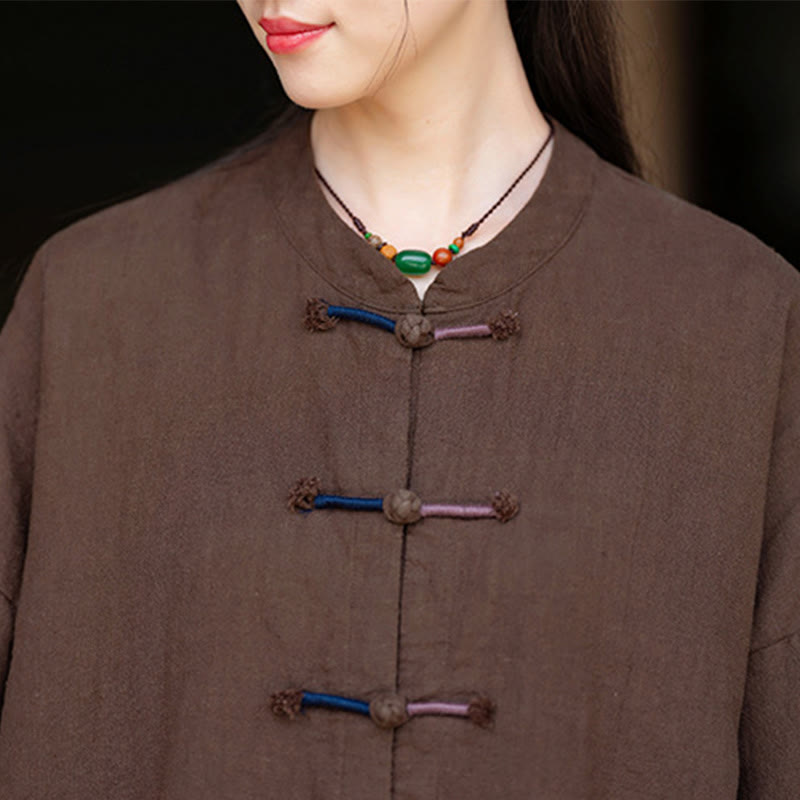 Nimara Ritual Solid Color Two-color Frog-button Long Sleeve Ramie Linen Women's Shirt