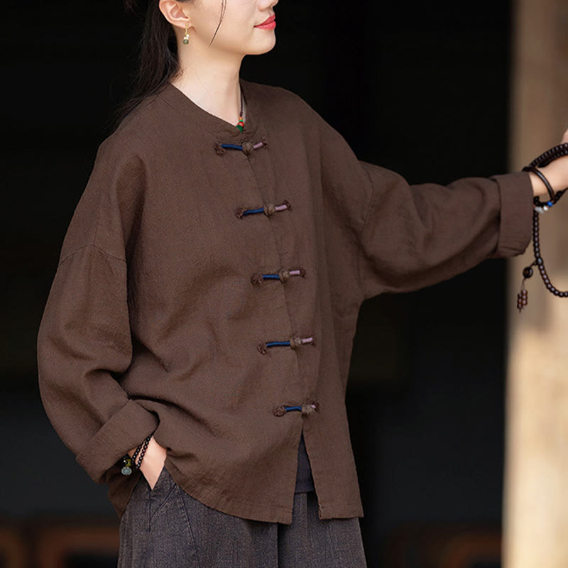 Nimara Ritual Solid Color Two-color Frog-button Long Sleeve Ramie Linen Women's Shirt
