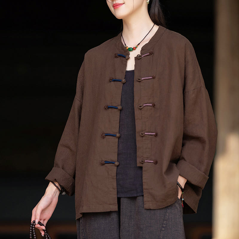 Nimara Ritual Solid Color Two-color Frog-button Long Sleeve Ramie Linen Women's Shirt