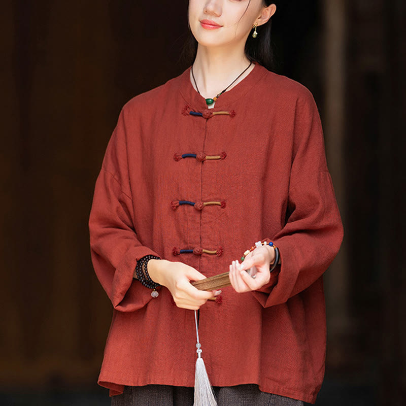Nimara Ritual Solid Color Two-color Frog-button Long Sleeve Ramie Linen Women's Shirt