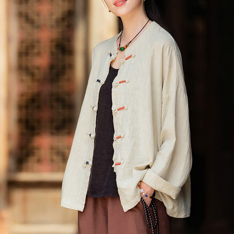 Nimara Ritual Solid Color Two-color Frog-button Long Sleeve Ramie Linen Women's Shirt