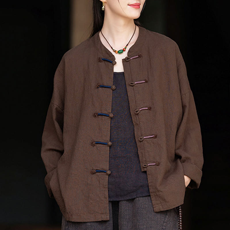 Nimara Ritual Solid Color Two-color Frog-button Long Sleeve Ramie Linen Women's Shirt