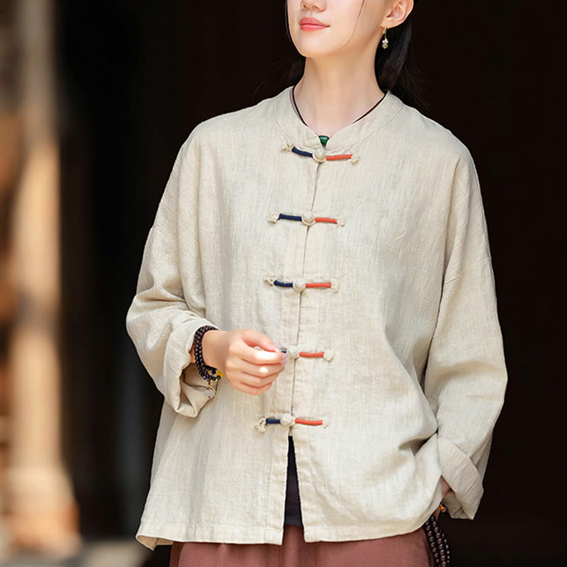 Nimara Ritual Solid Color Two-color Frog-button Long Sleeve Ramie Linen Women's Shirt