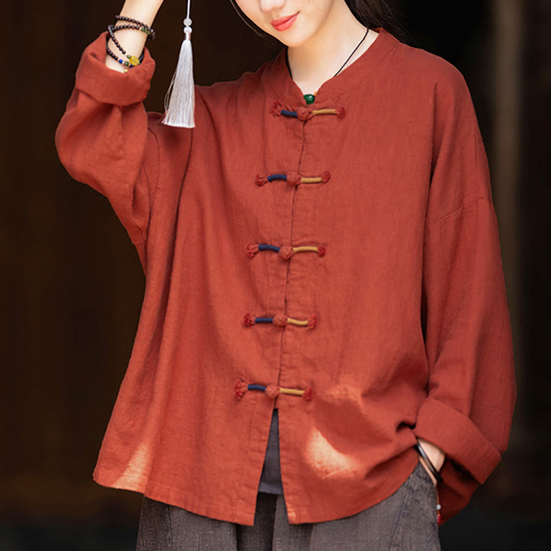 Nimara Ritual Solid Color Two-color Frog-button Long Sleeve Ramie Linen Women's Shirt