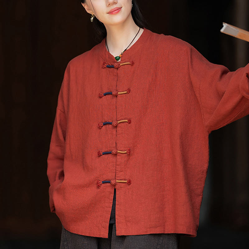 Nimara Ritual Solid Color Two-color Frog-button Long Sleeve Ramie Linen Women's Shirt