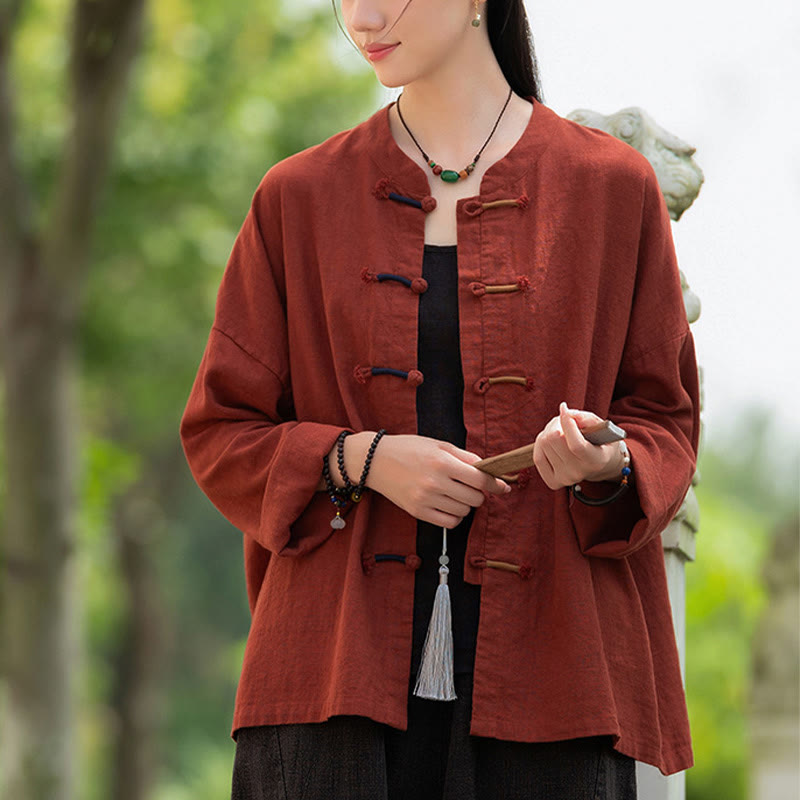 Nimara Ritual Solid Color Two-color Frog-button Long Sleeve Ramie Linen Women's Shirt