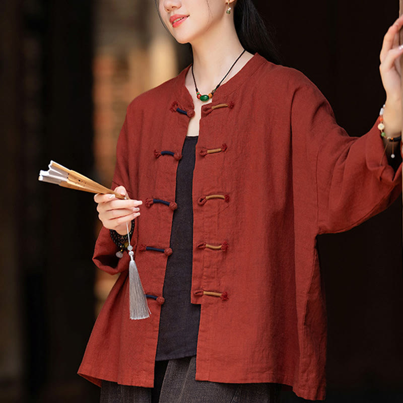Nimara Ritual Solid Color Two-color Frog-button Long Sleeve Ramie Linen Women's Shirt