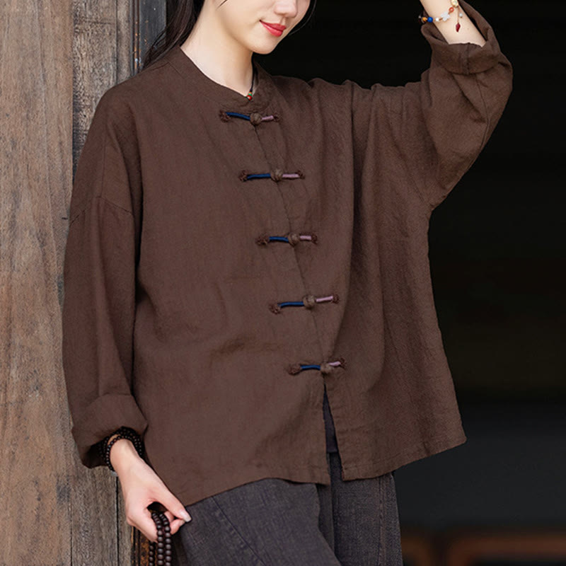 Nimara Ritual Solid Color Two-color Frog-button Long Sleeve Ramie Linen Women's Shirt