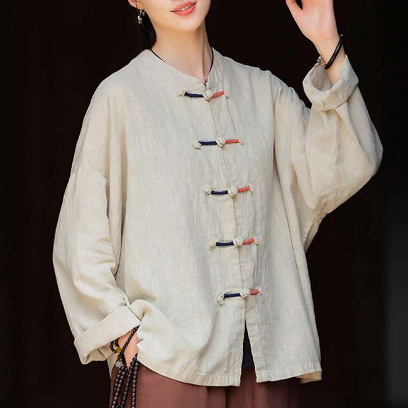 Nimara Ritual Solid Color Two-color Frog-button Long Sleeve Ramie Linen Women's Shirt