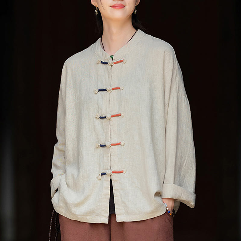 Nimara Ritual Solid Color Two-color Frog-button Long Sleeve Ramie Linen Women's Shirt