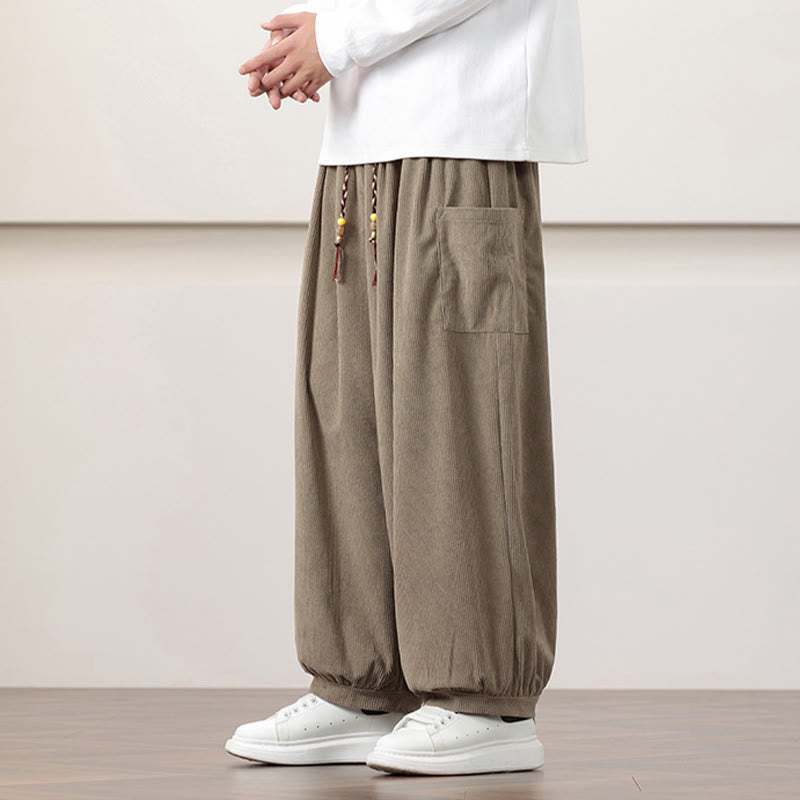 Nimara Ritual Solid Color Corduroy Drawstring Men's Harem Pants With Pockets