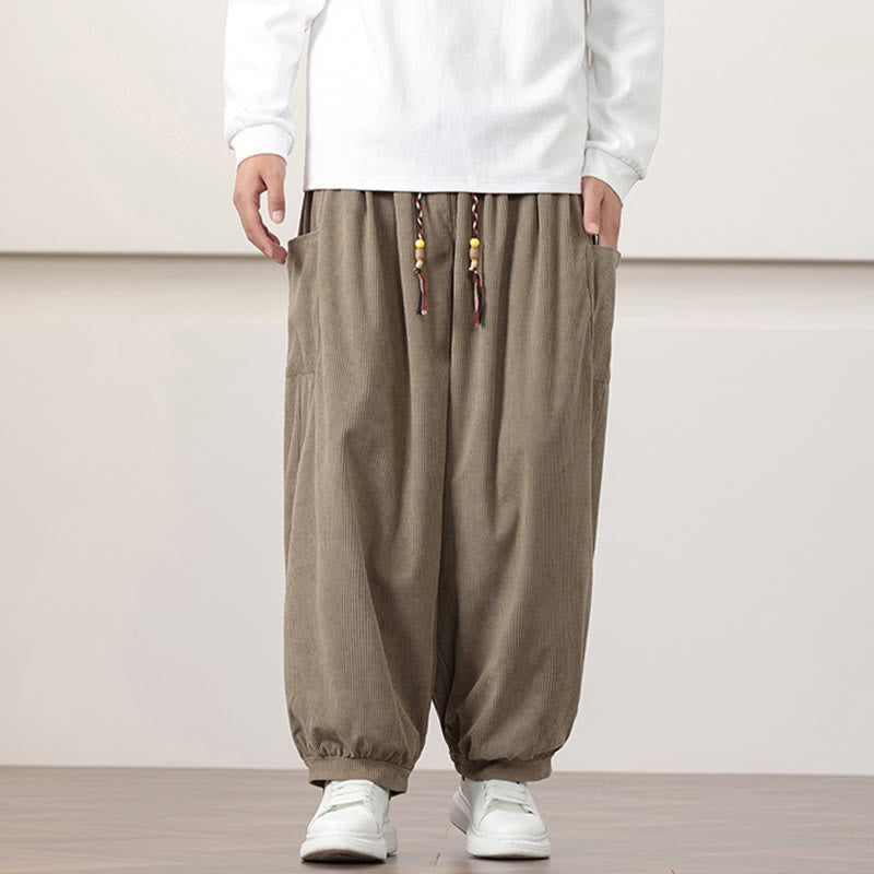 Nimara Ritual Solid Color Corduroy Drawstring Men's Harem Pants With Pockets