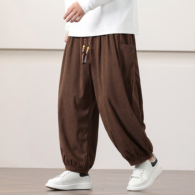Nimara Ritual Solid Color Corduroy Drawstring Men's Harem Pants With Pockets