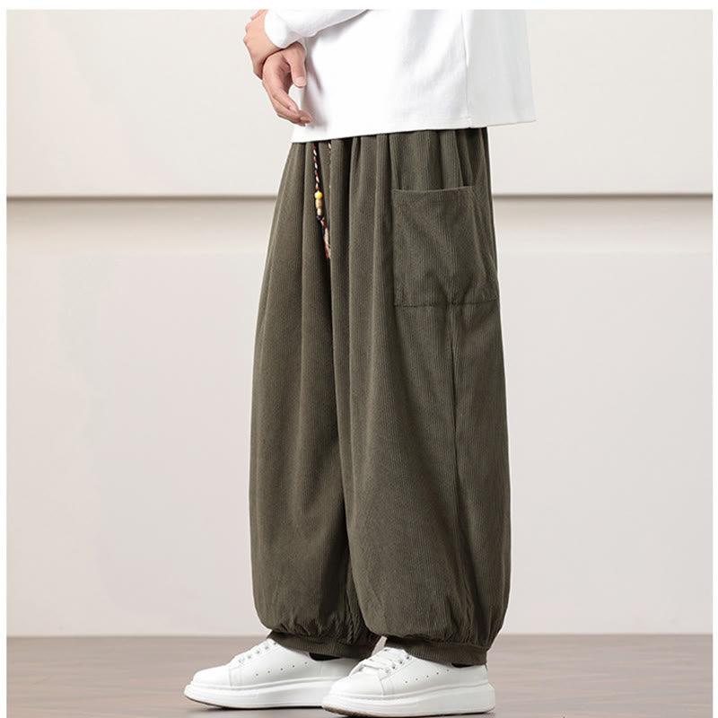 Nimara Ritual Solid Color Corduroy Drawstring Men's Harem Pants With Pockets