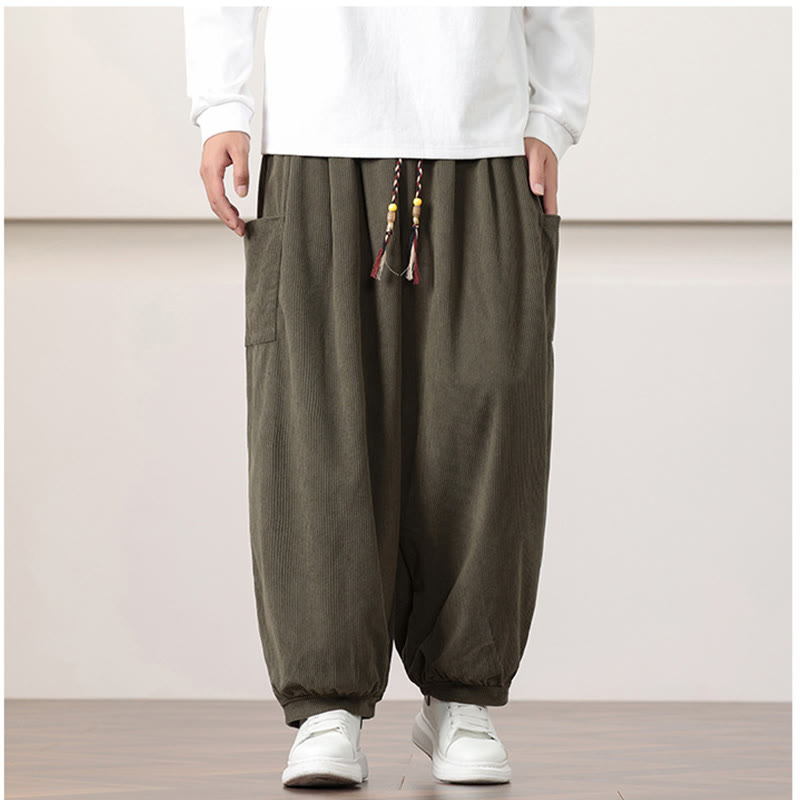 Nimara Ritual Solid Color Corduroy Drawstring Men's Harem Pants With Pockets