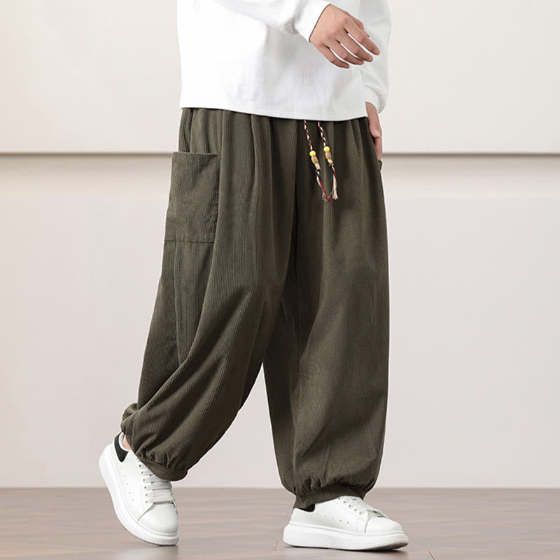 Nimara Ritual Solid Color Corduroy Drawstring Men's Harem Pants With Pockets